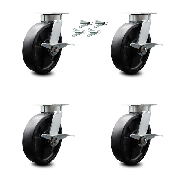 8 Inch Kingpinless Glass Filled Nylon Caster Set with Brakes and Swivel Locks